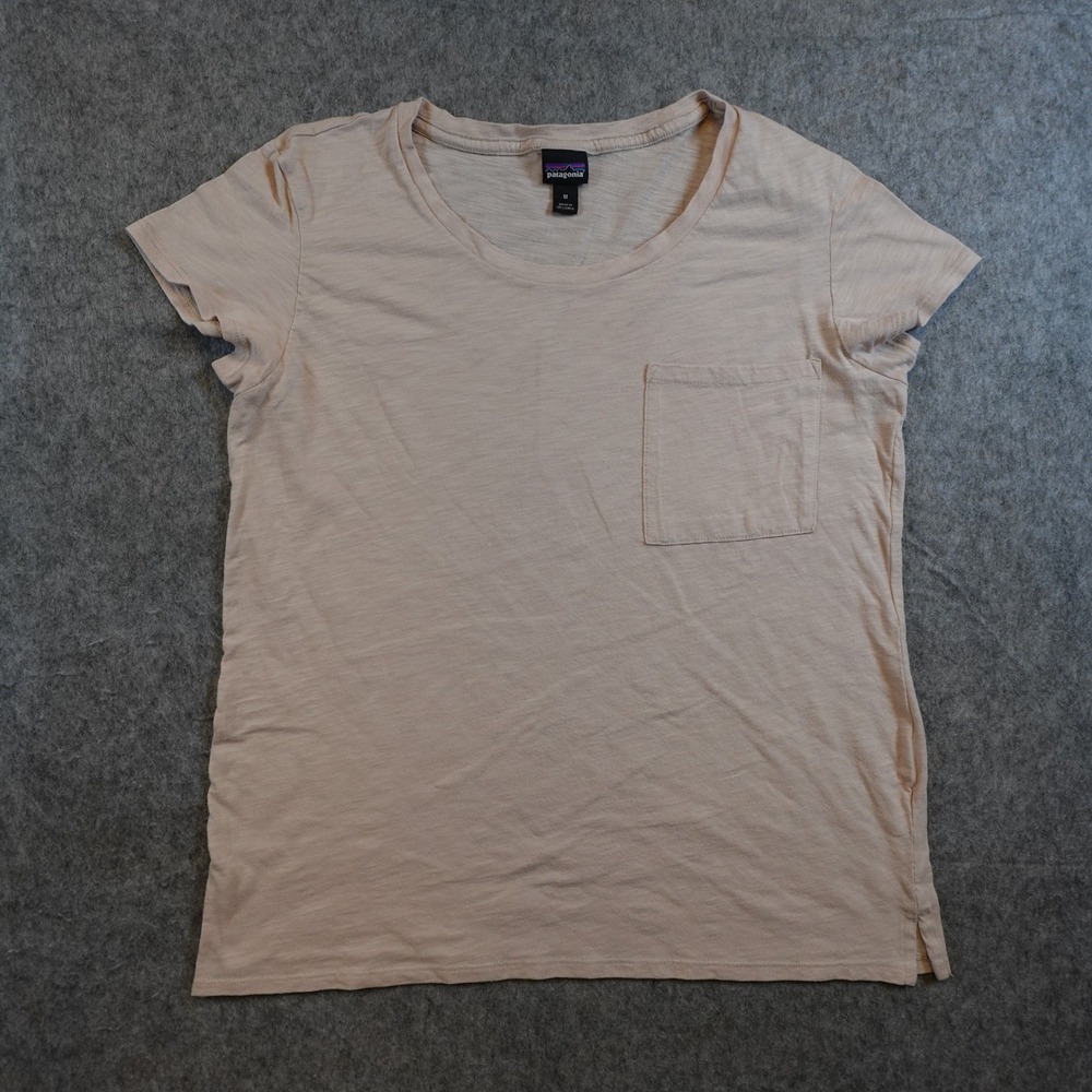 Patagonia Top Women Medium Light Pink Short Sleeve Pocket Slub Knit Scoop Neck